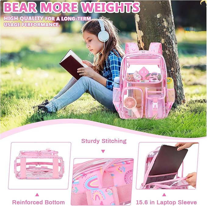 Clear Backpack for School,Heavy Duty PVC Transparent Bookbag for Girls Stadium Approved See Through Backpack
