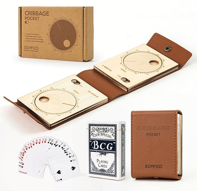 Travel Cribbage Board Game Set, Portable Unique Peg-Free Cribbage Board, Leather & Magnetic Rotating Wood Scoreboard with Playing Cards, Pocket Sized Tiny Card Game Board