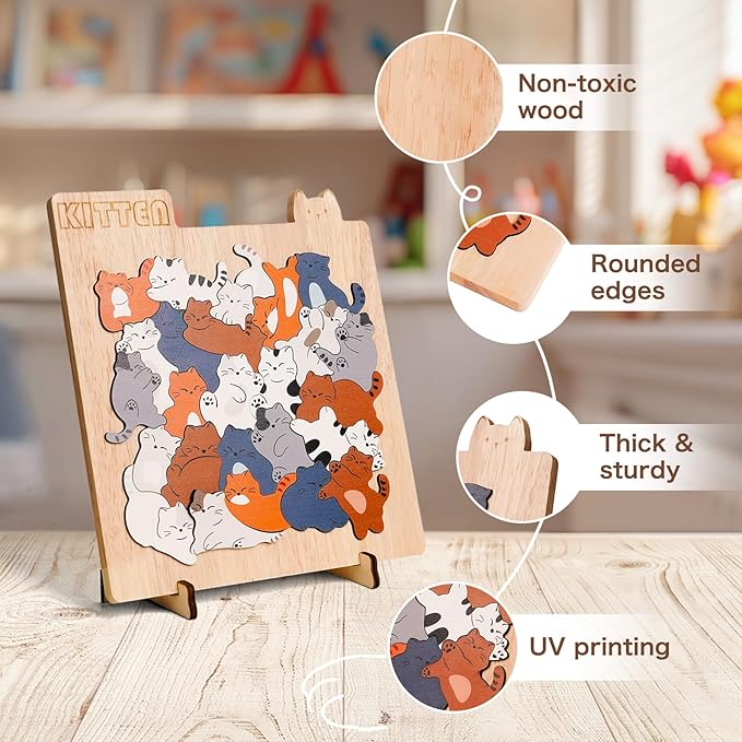 Wooden Cat Puzzle Game, Wooden Jigsaw Puzzles for Adults Kids, Unique Shape Puzzles, Cat Gifts for Women Girls and cat Lovers