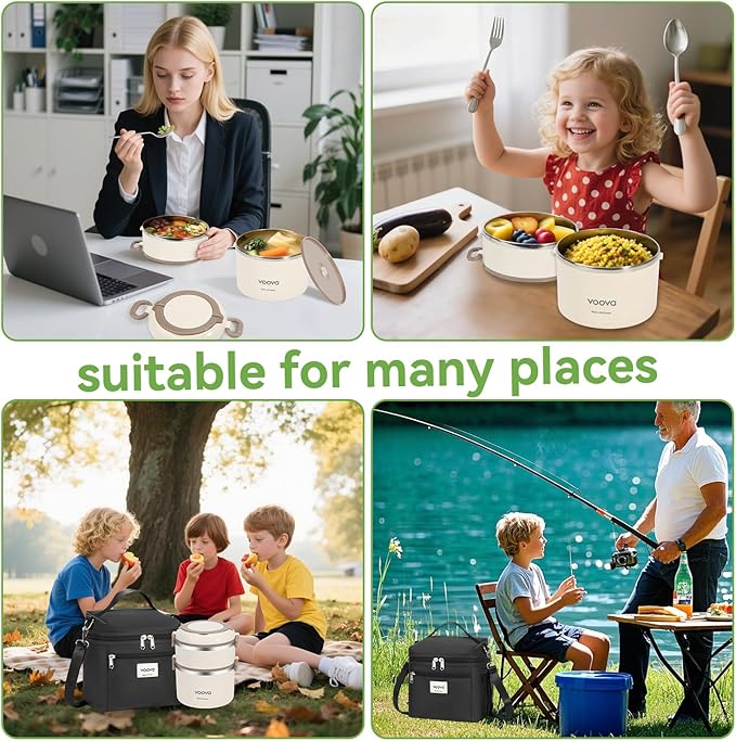 Voova Stackable Stainless Steel Thermal Lunch Box with Lunch Bag for Women Men Adult Kids, 2 Tier Leakproof & Microwave Safe Insulated Bento Boxes Food Container for Work School, Black