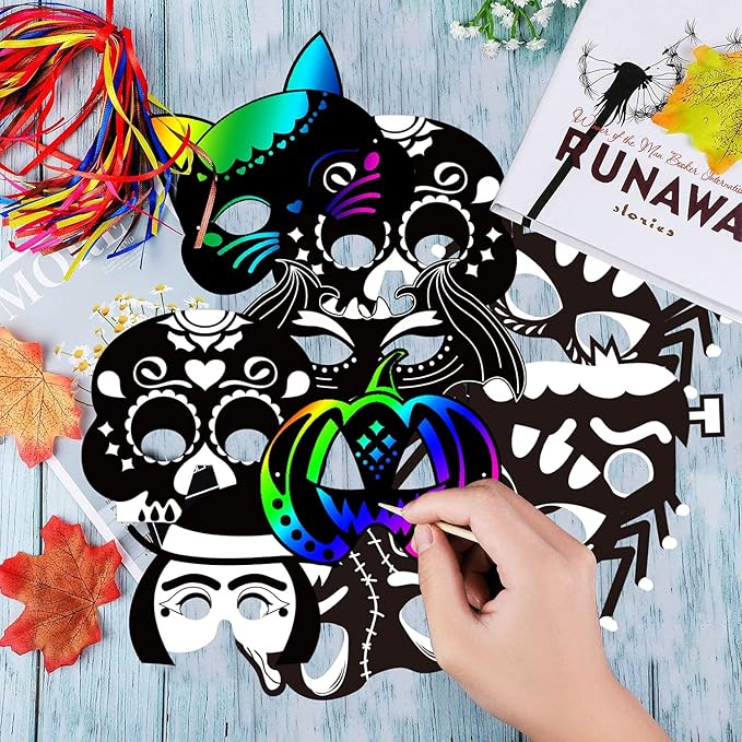 Natonhi 32Pcs Halloween Crafts for Kids Rainbow Scratch Mask, Halloween Games Scratch Art and Craft Kit Classroom Activities Favors Party Supplies