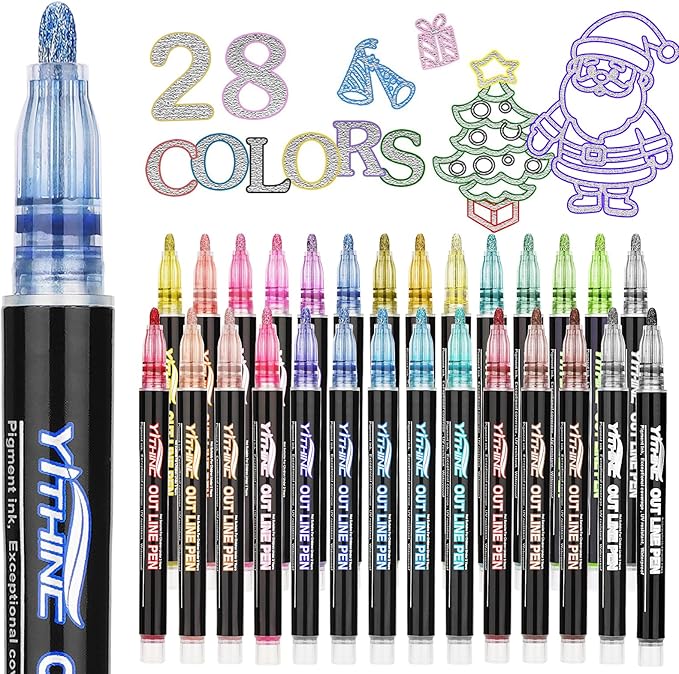 Outline Shimmer Markers, 28 Glitter Metallic Gel Pens for Coloring, Fun Gift for Halloween, Birthday Party Favors, Holiday Stocking Stuffers, Cool DIY Art Crafts Drawing Supplies