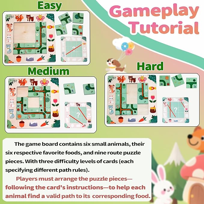 Logic Puzzle Game for Kids Ages 3+, Contnovin Animal Feeding Adventure Board Game, Montessori Toys with Path Tiles & Cards, STEM Learning Travel Gift for Boys & Girls