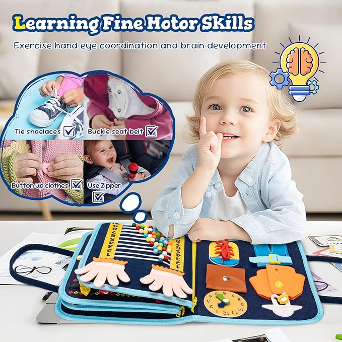 Toddler Busy Board Book Montessori Toys for 1 2 3 4 Years Old,Sensory Board Educational Activities for Learning Fine Motor Skill,Toy for Boy & Girl Birthday Gift,Toddler Toy for Airplane Car Travel﻿