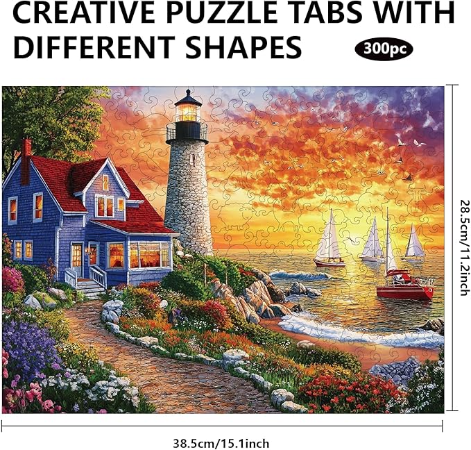 GLOBLELAND 300Pcs Seaside Lighthouse Wooden Jigsaw Puzzles for Adult Garden Sunset Colorful Unique Animal Shaped Jigsaw Puzzles for Holiday Birthday Gifts