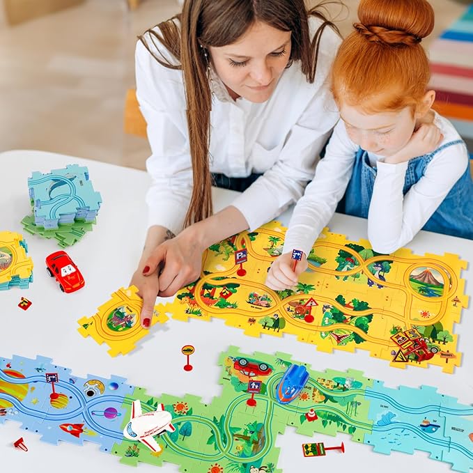 Puzzle Racer Kids Car Track Set, Kids Toys Boys 3-5, Gift for 3 4 5 6 Year Old Boys, Montessori Toys for 3+ Year Old(100Pcs, 4 Themes)
