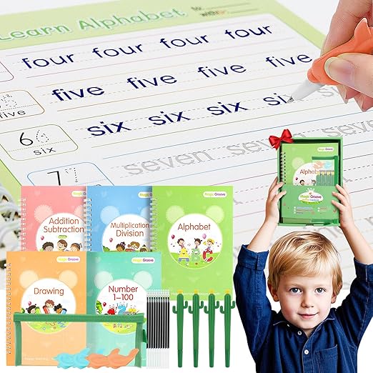 Magic Groove Practice Copybook for Kids, Reusable Writing Practice Book, Grooved Handwriting Book Set for Kids Ages 3-8 Calligraphy 5.59 * 7.91 (5 Medium Books with Cactus Pens & Gift Box)