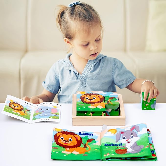 Wooden Animals Block Puzzles for Kids, Puzzles for Ages 2-4 with Book, Jigsaw Puzzles Preschool Learning Educational Toys Gift for Boys Girls, Wood Farm Cube Puzzles for Toddlers 2 3 4 5 6 Years Old