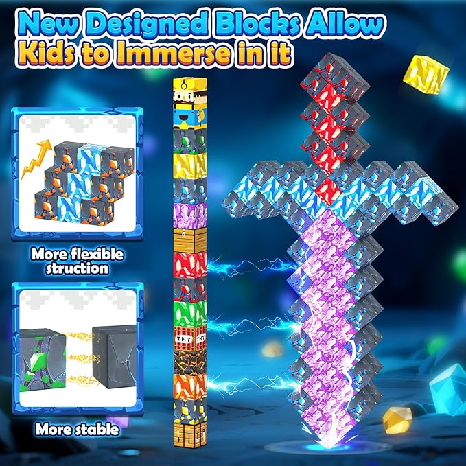 100PCS Magnetic Blocks - Build Mine Magnet World Mine Sword Adventure Set, Building Toys Classroom Must Haves Learning Sensory Toys for 3 4 5 6 7 8 Toddlers Kids Games Birthday Gifts for Boys & Girls