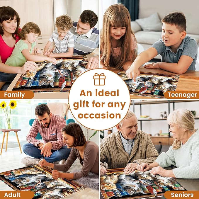 300 Piece Puzzle for Adults, Cats Library Jigsaw Puzzle, Funny Kitten Bookshelf Puzzles, Animal Pet Lover Challenging Puzzles for Friends Family Activity Game Nights Gifts, 20.5x15 in