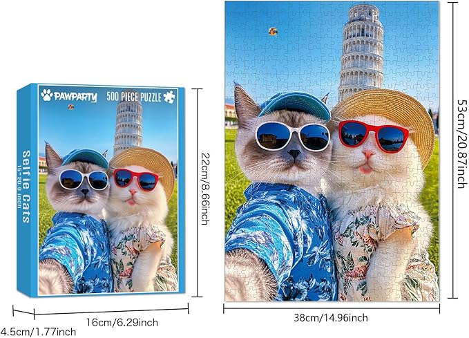 500 Piece Jigsaw Puzzle for Adults, Puzzles for Kids and Teens Family Games Cats' Selfie Against Leaning Tower 20.9×15''