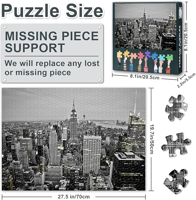 Cityscape Puzzles for Adults 1000 Pieces - New York Manhattan City Skyline at Night Hard Challenging Family Puzzle, 27.5x19.7 Inch Jigsaw Puzzles, Puzzle Game for Women Home Decoration Gift