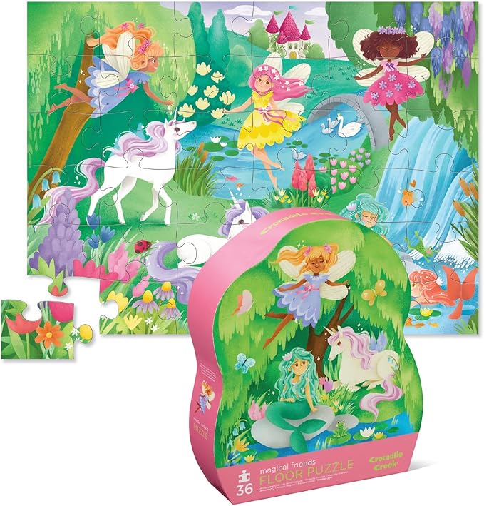 Crocodile Creek 36-Piece Jigsaw Floor Puzzle - Fun Floor Puzzles for Kids Ages 3-5 - Heavy-Duty Shaped Box for Storage - Magical Friends - 24" W x 18" H Finished