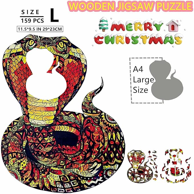 Wooden Jigsaw Puzzle for Adults,Cobra Animals Shaped Magic Jigsaw Puzzle Pieces Family Game Best Gift for Adults,Can be Used as a Cool Mouse Pad,159pcs,(11.5×9.5inches) Snake Large 02…