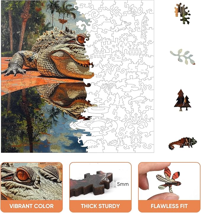 delobil Wooden Puzzles for Adults, Outdoor Alligator Jigsaw Puzzles 200 Pieces, 11.2x11.2in, Unique Shaped Cool Reptile Animal Wood Adult Puzzle, Best Gifts for Adults and Kids Family Game