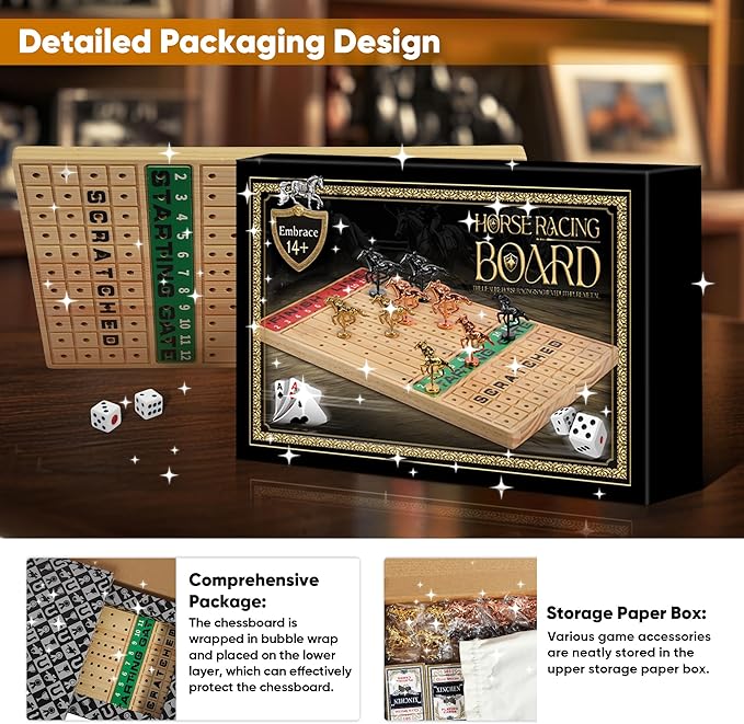 Horse Racing Game with Cards and Dice, Horse Race Board Game for Adult, Thickened Solid Wood with 11 Luxurious Durable Classic Metal Horses, 143 Chips, 2 Dice, 2 Boxes of Cards
