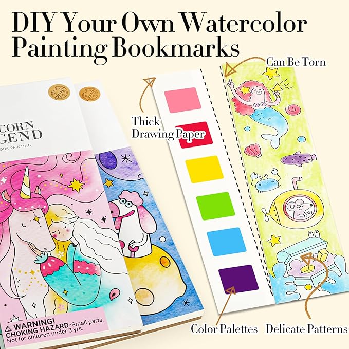 Watercolor Painting Coloring Books Arts & Crafts Kit, Pocket Watercolor Paint Bookmarks, Mess Free Paint with Water Set, Travel Activities Art Supplies Party Favors Exchange Birthday Gifts for Kids