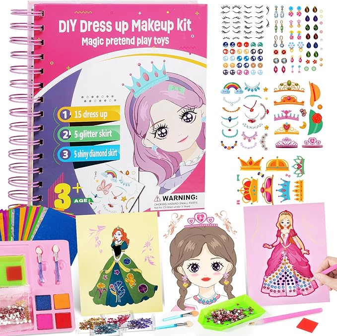 Tudaymol 4-in-1 Art & Craft Activity – DIY Dress Up Stickers, Makeup Kit, Foil & Gems Art, Creative Princess Fun, Costume Ideas & Accessories, Travel Toy, Gifts for Girls Ages 4-8-12