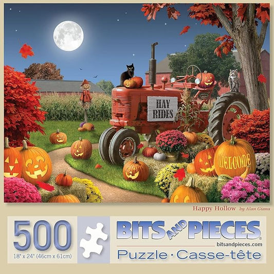 Bits and Pieces – 500 Piece Jigsaw Puzzle for Adults – Happy Hollow - Halloween Farm Pumpkin Jack - O - Lantern Tractor Cat Fall Autumn Flower Corn Moon Night Jigsaw Puzzle by Artist Alan Giana