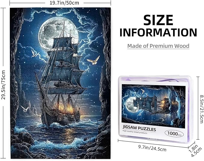 Sailboat Jigsaw Puzzles 1000 Pieces，Moon Sailboat Jigsaw Puzzles Moonlit Voyage 1000 Piece，Ocean Sea Sailing Ship Puzzles，Fantasy Puzzles for Friends Family Activity Game Nights Gifts