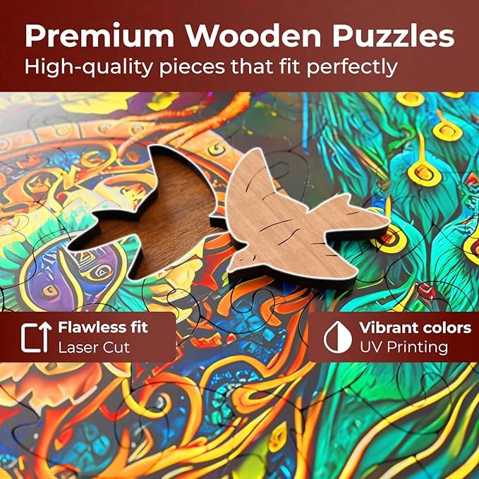 CRAFTHUB Animal Wooden Puzzles for Adults – A3 Peacock Yin Yang with 127 Pieces – Jigsaw Puzzles with Unique Animal Shapes – 10.6" x 10.7"