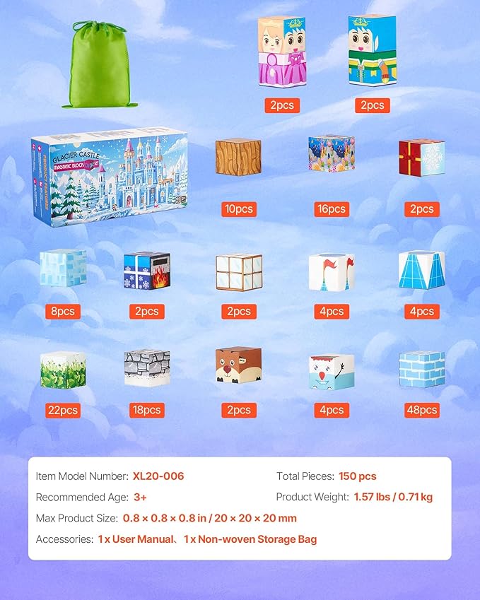 VEVOR Magnetic Blocks, 150 PCS Glacier Castle Set, Magnetic Building Cubes for Kids, STEM Montessori Sensory Toys for Christmas Birthday Gift, Construction Stacking Toy for 3+ Years Old Boys & Girls