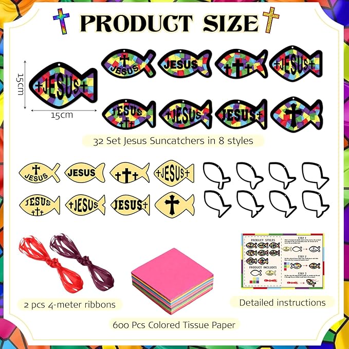 Funrous 32 Set Faith Fish Suncatcher Craft Kit DIY Jesus Fish Craft Religious Cross Hanging Ornament Christian Colorful Tissue Paper for Church Bible Vbs Sunday School Classroom Home Window Deocr