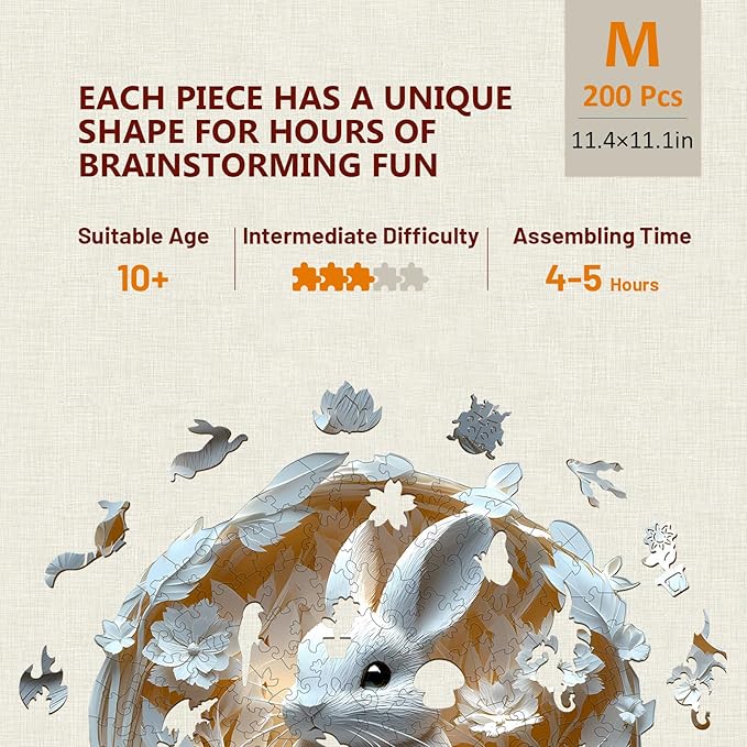 Wooden Puzzles for Adults, Bunny Puzzle, 3D Visual Effect Paper Rabbit Puzzle, Wood Puzzles Adult, Unique Animal Shape, Birthday Gifts for Family, Friends, Home Decor (M-11.4 * 11.1in-200 pcs)