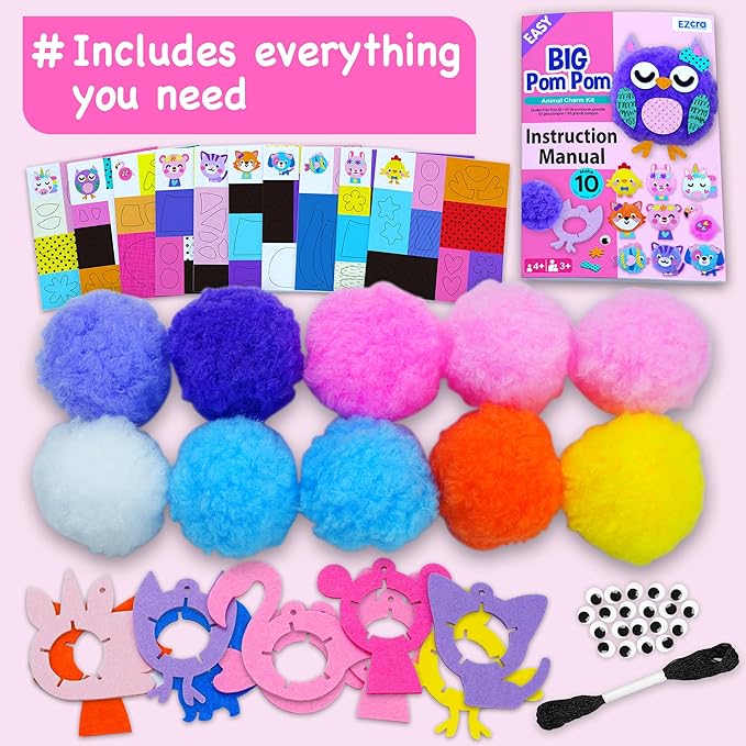 EZCRA Kids Crafts Ages 4-8 – 10 Plush Pom Pom Animal All-in-One DIY Craft Set – Felt Stickers, Educational & Creative Gift for Girls & Boys