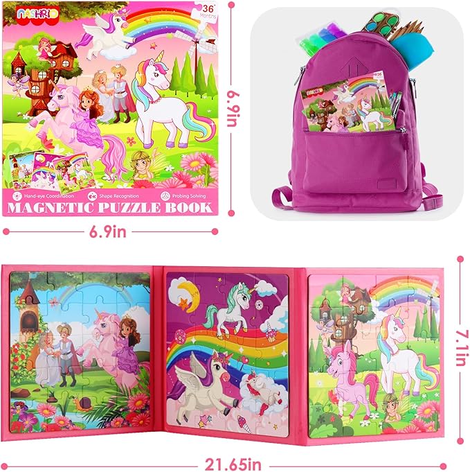 Magnetic Puzzles for Kids Ages 4-6, 20-Piece Toddler Travel Toys Unicorn Princess Puzzles Ages 3-5, Educational Learning Magnets, Ideal Road Trip Activities Toys for 3 4 5 6 Boys and Girls