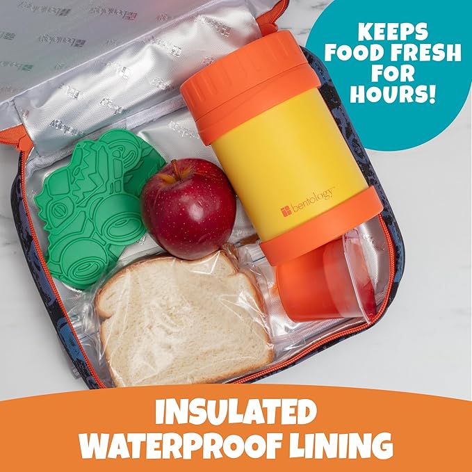 Bentology Lunch Bag for Boys- Kids Insulated Durable Lunchbox Tote Fits Bento Boxes, Containers, Jars & Water Bottles- Reusable School Lunch Sleeve w Clip on Handle- Keep Food Hotter or Colder Longer