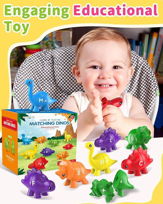 26PCS Dinosaur Alphabet Learning Toys for Toddlers Kids 3-5, Montessori Educational Toys Gifts for 3 4 5 Year Old Boy Girl, Preschool Learning Activities, Double Sided ABC Matching Game