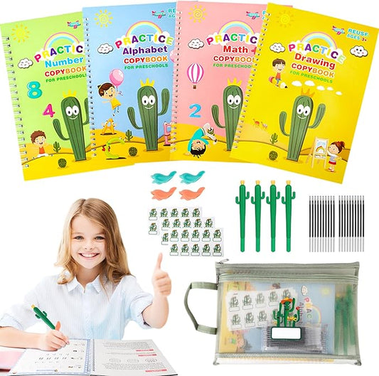 Grooved Handwriting Book Practice, Magic Copybooks for Kids Reusable Handwriting Practice Set, Preschool Calligraphy Workbook with a Storage Bag for Easy Use