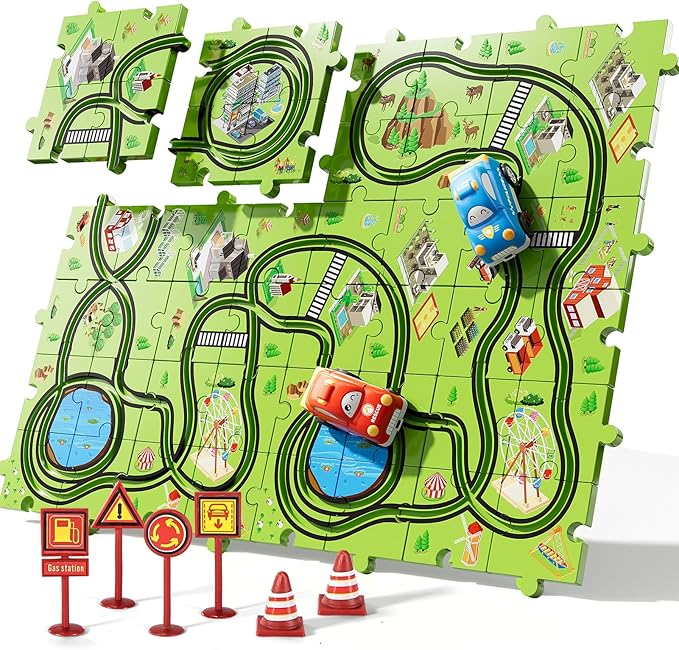Bennol Toddler Toys Gifts for 2 3 4 5 Year Old Boys, 56 Jigsaw Puzzle Race Track Car Set for Kids Boys Toddlers 1-3 2-4 3-5 4-6, Puzzle Tracks Car Toys Gifts for 2 3 4 5 Year Old Boy Kid