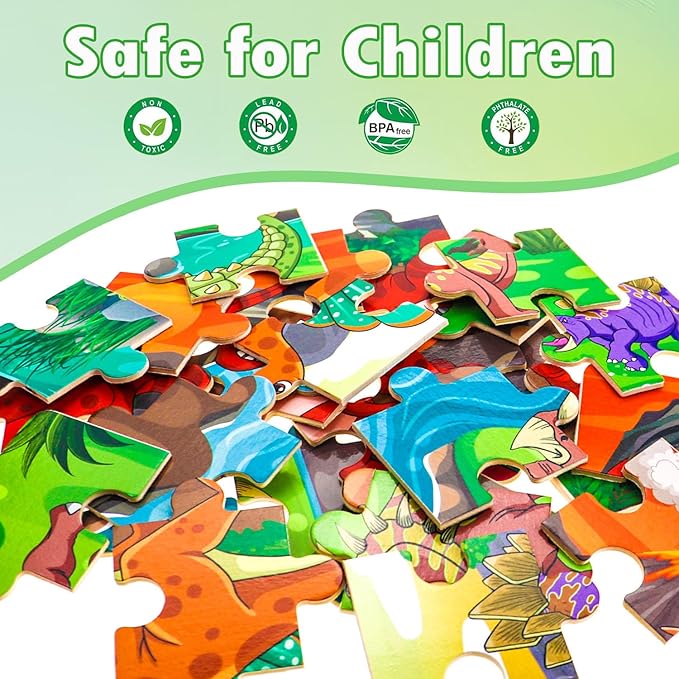 Puzzles for Kids Ages 4-6, Large Dinosaur Wooden Puzzles, 4 Packs 24 PCs Jigsaw Puzzles Preschool Educational Toys Gifts for 3 4 5 6 Year Old Boys Girls