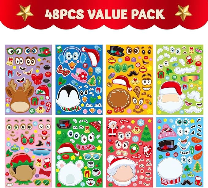 JOYIN 48 Pcs Christmas Make-a-face Sticker Sheets Make Your Own Characters Mix and Match Sticker Sheets with Santa Santa, Reindeer, Gingerbread, Snowman and Elf, Kids Party Favor Supplies Xmas Craft
