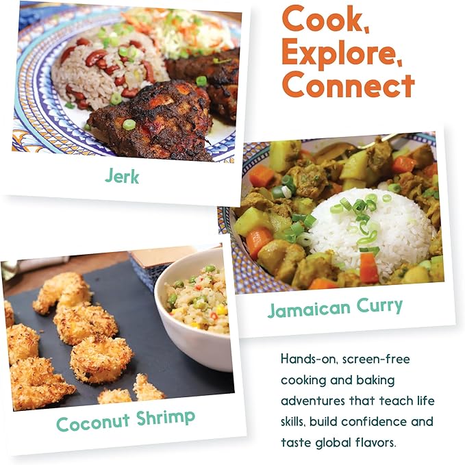 eat2explore Cooking Kits for Kids - Interactive & Educational Set with 3 Recipe Cards, Key Ingredients & Cooking Tools - Ideal Idea for Kids who Love to Create Meals (Jamaica Edition)