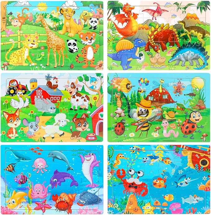 Wooden Jigsaw Puzzles for Kids Ages 3-5 Year Old, 6 Pack 30 Pieces Kids Puzzles Colorful Preschool Educational Learning Toys Present Set for Toddler Children Boys and Girls