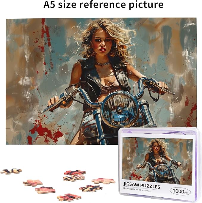 Women's Motorcycle-Themed Jigsaw Puzzle, 1000 Pieces, Retro Styles, Eco-Friendly Wooden Puzzle, Ages 14+