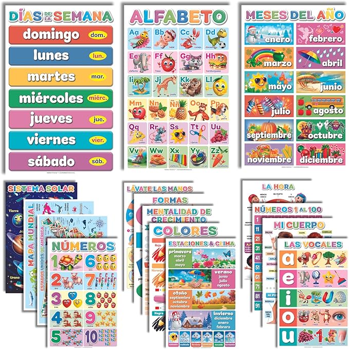 DeeDee's Workshop 16 Spanish Classroom Posters - Spanish Learning for Kids, Abecedario para Niños en Español, Days of the Week & Calendar