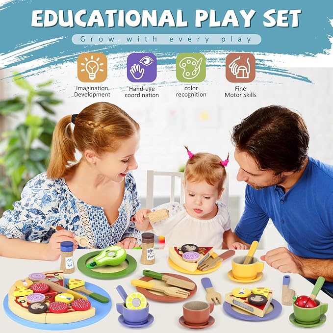 Wooden Play Dishes and Plates for Kids Kitchen Set Accessories for Toddlers 1-3 Cooking Toys Tea Cups for Kids Kitchen Birthday Gift for 3 4 5 Year Old Boys Girls