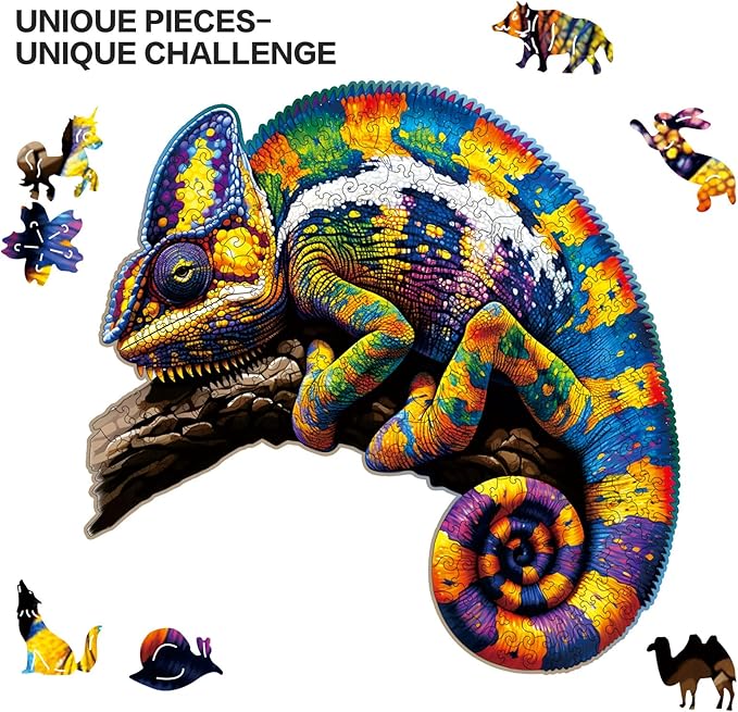 Wooden Puzzles,Chameleon Jigsaw Puzzles,300 Pieces Colorful Animal Puzzle,Birthday Gift Family Game 14.9 x 14.9 Inch,Unique Shaped Wooden Puzzle for Adults