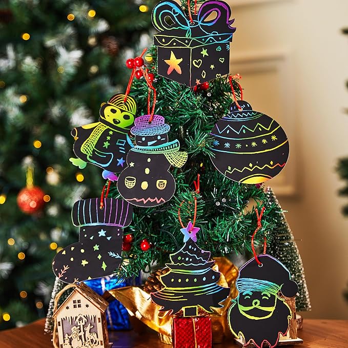 JOYIN 72 Pcs Christmas Scratch Art Ornaments, Rainbow Color Scratch Paper Craft Kit Include Snowman, Christmas Tree, and Reindeer, Scratch Off Hanging Ornament for Kids Party Favor
