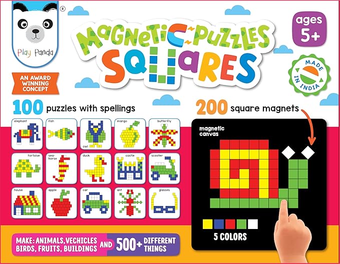 New Magnetic Puzzles : Squares - Includes 250 Colorful Magnets Pieces 100 Puzzle Book Magnetic Board and Display Stand