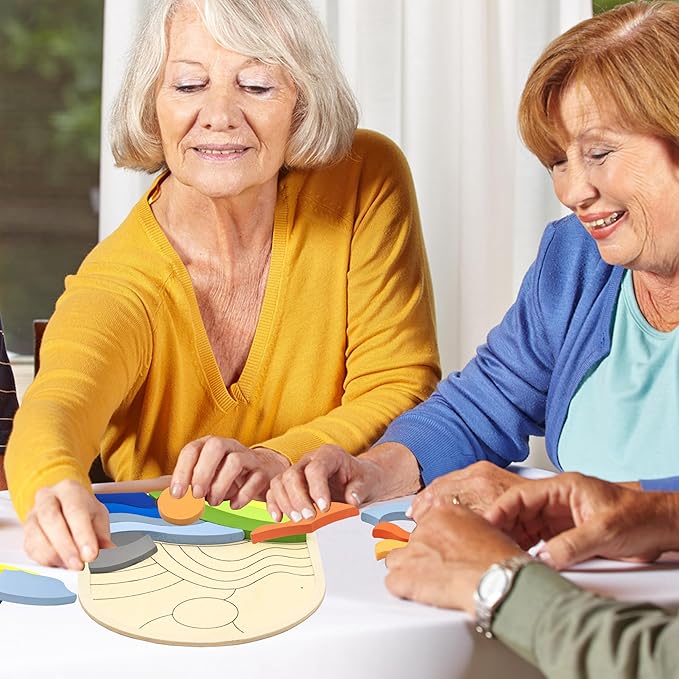 Activities for Dementia Patients, 20 Pieces Wooden Puzzles Game for Seniors, Colorful Hill Pattern Match Alzheimers Products for Elderly, Tile Matching Board Memory Cognitive Gifts