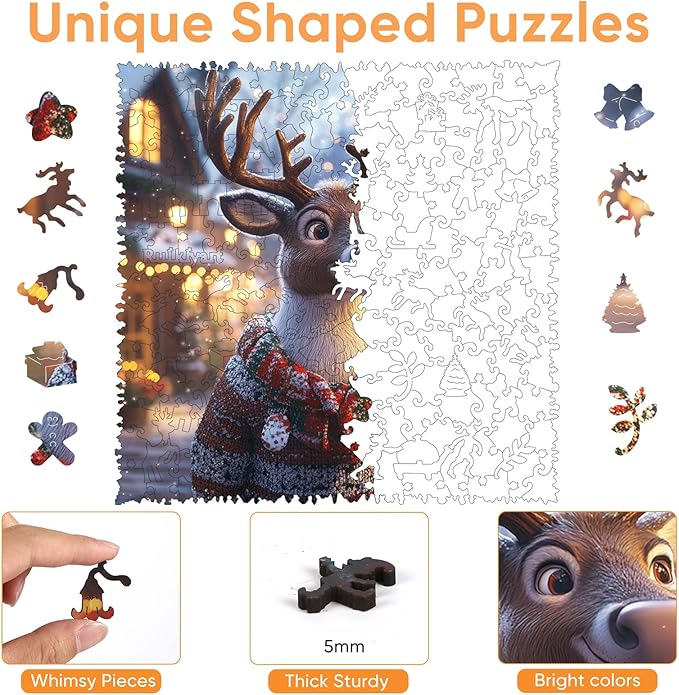 Ruikiyart Wooden Puzzles for Adults, Christmas Sweater Deer 200 Pieces Wooden Jigsaw Puzzles, Unique Shapes Pieces Christmas Deer Puzzle Great Gift for Kids and Adults (11.2"x11.2")
