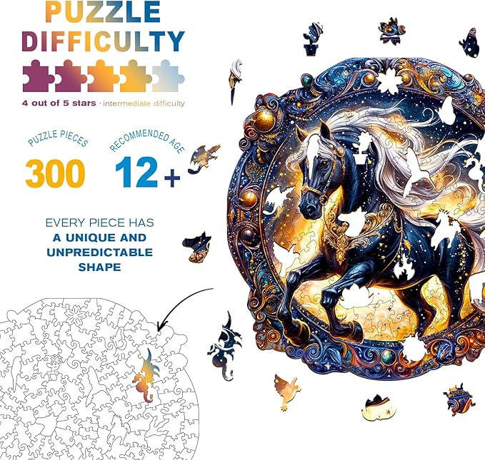 Wooden Puzzles for Adults - Elegant Horse Wooden Jigsaw Puzzle - Unique Animal Shaped Wood Puzzles Adult - Christmas Birthday Gifts for Adults/Friends/Family - 300pcs 13.4 * 13.4in