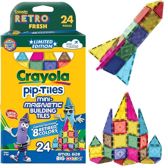CreateOn Crayola Limited Edition Retro PIP Magnetic Tiles, Mini Building Set for Kids, Magnetic Tiles, Kids’ Building Toys, STEM & Montessori Toys for Boys and Girls Ages 3+, 24-Piece Set (Retro)