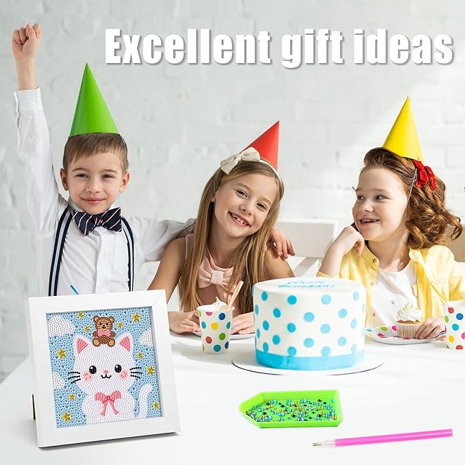 geesfayan Diamond Art Kits for Kids Ages 8-12,6 Inch DIY Gem Art Painting with 7 Inch Frame, Complete Starter Kit for Beginners, Creative Arts & Crafts Gift for Girls & Boys (Cartoon Cat)