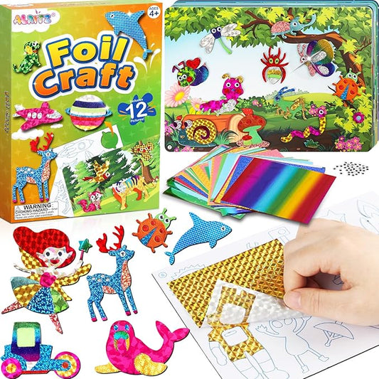 Alritz Arts and Crafts,Foil Crafts Fun Kit, Art Kit Toys for Kids Animals Space Cars, Foil Stickers Supplies,Travel Toys DIY Christmas Gifts for Girls Boys 4 5 6 7 8 9 10 11+ Years Old (12 Theme)